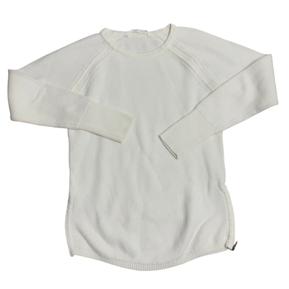 Athleta Tunic Knit Side Zip Long Sleeve White Cotton Varsity Sweater Size S