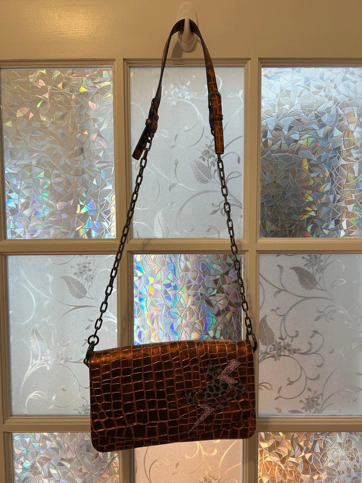 Vivienne Westwood Brown and gold crocodile skin chain shoulder bag