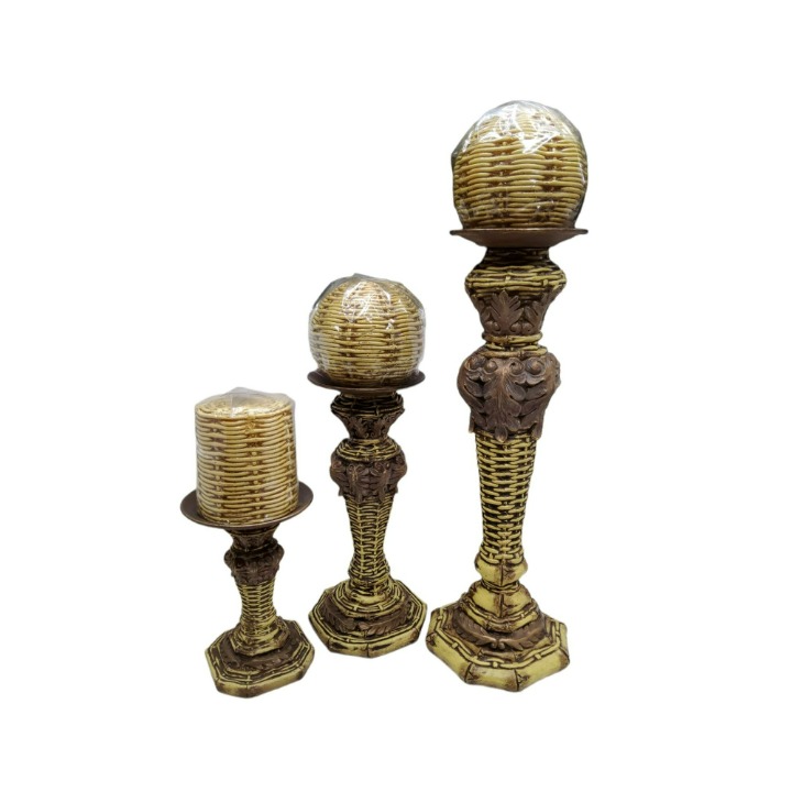 vintage nos set of 3 1980's resin and brass bamboo design pillar candle stands w