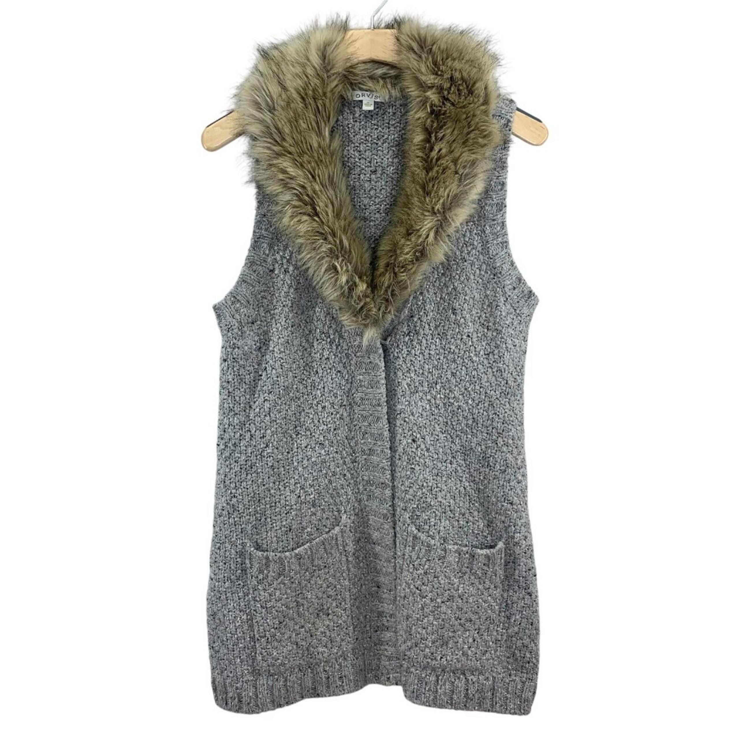 Orvis Tweed Knit Faux Fur Collar Sweater Vest Cardigan Wool Blend Women M Nordic