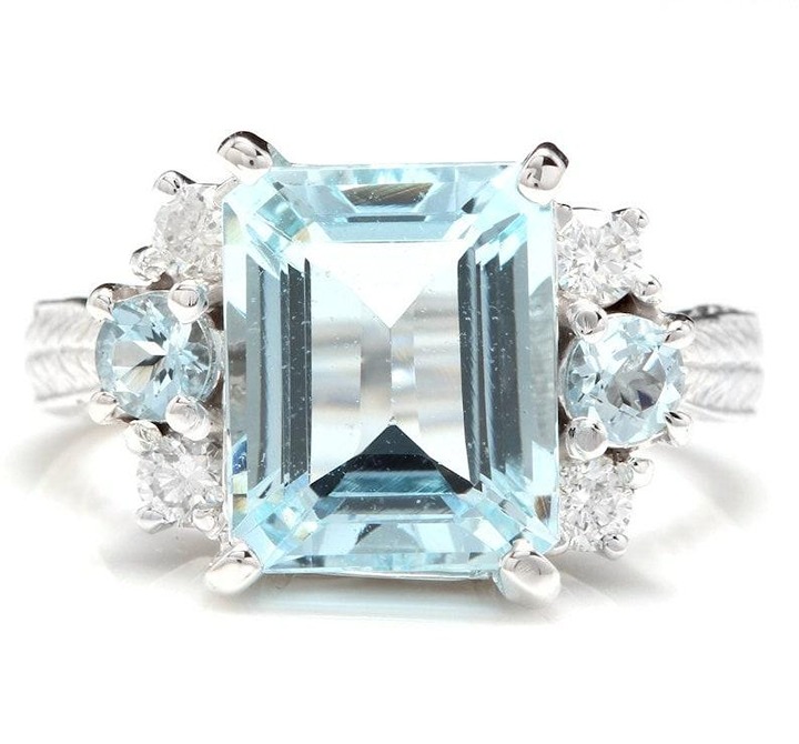 6.10Ct Natural Emerald Cut Sky Blue Topaz & Diamond Halo Solitaire Ring 14k