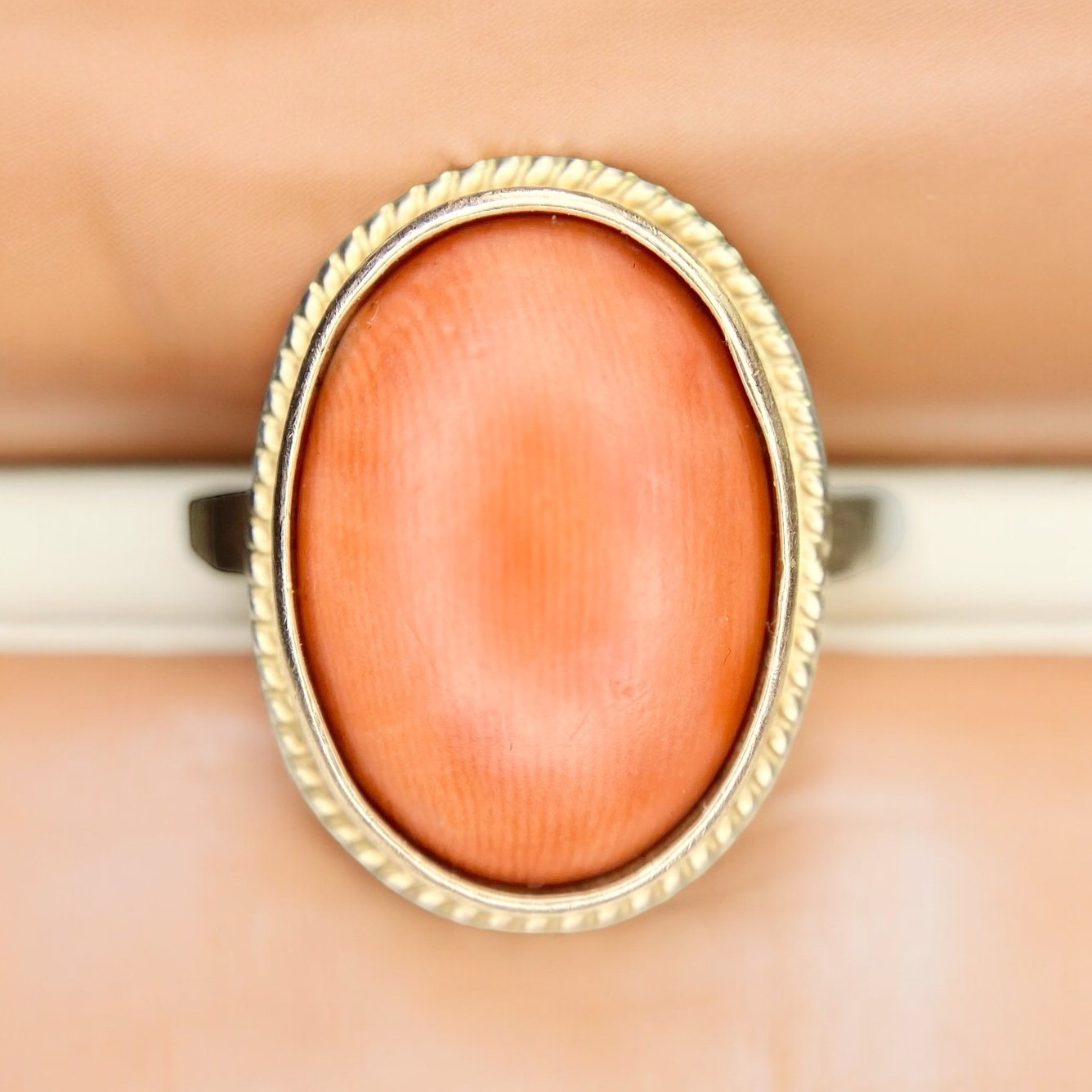 Vintage 14k Rose Gold Oval Shape Pink Coral Bezel Set Cocktail Ring