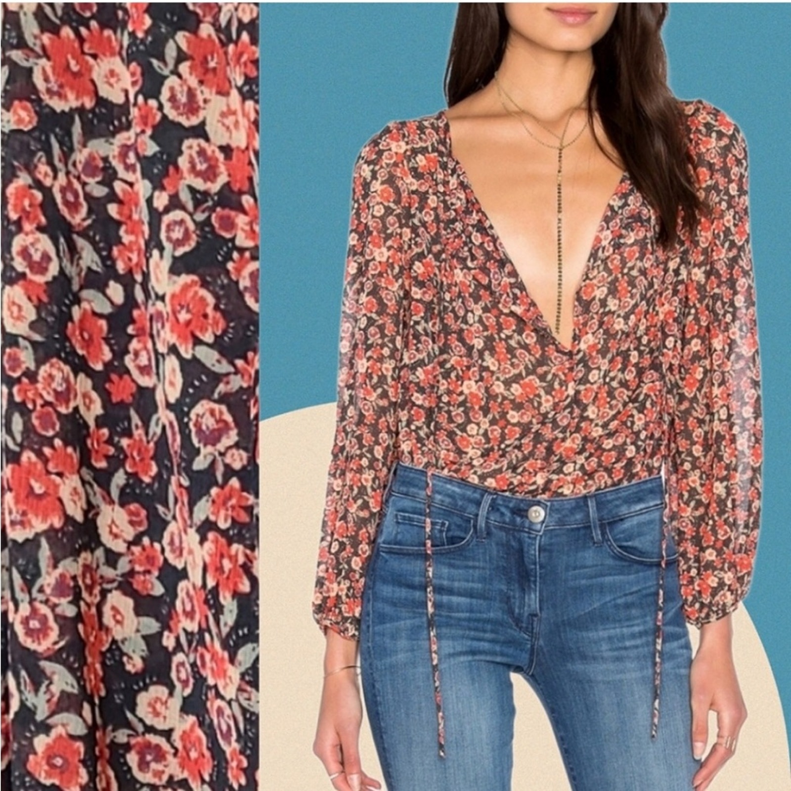 Intimately Free People orange red floral bodysuit size Medium boho peasant