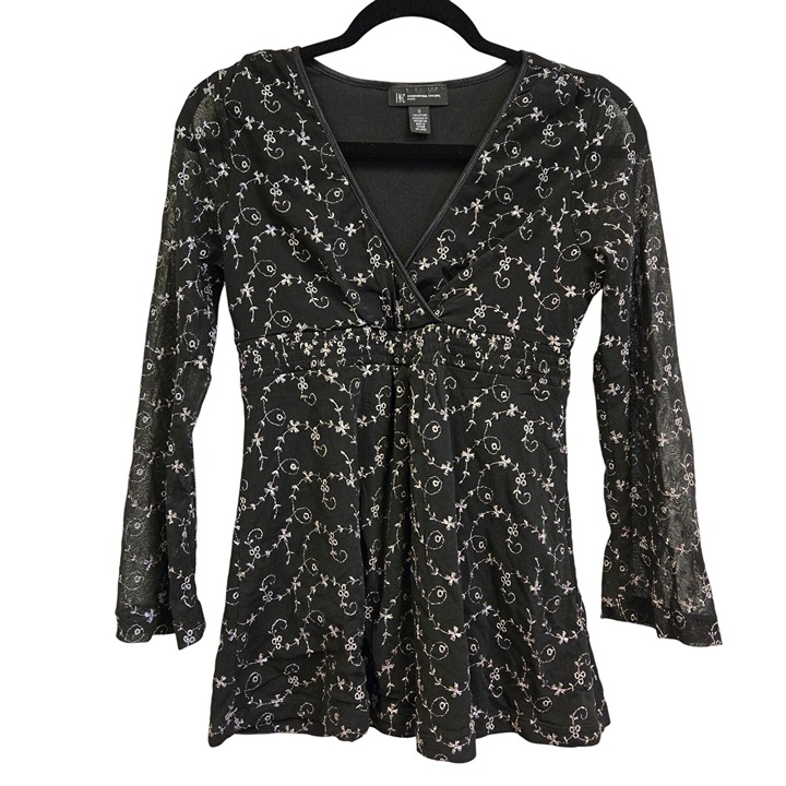 Vintage Y2K Babydoll Whimsigoth Goth Empire Vampire S Petite Black Floral Embroi