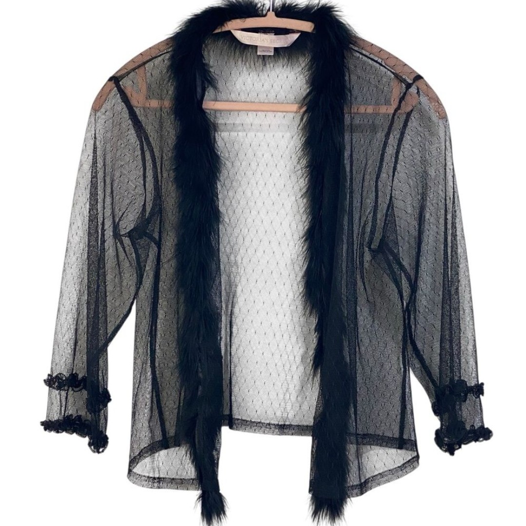 Early 2000’s Victoria’s Secret Lace and Maribou Sheer Short Robe Overpiece