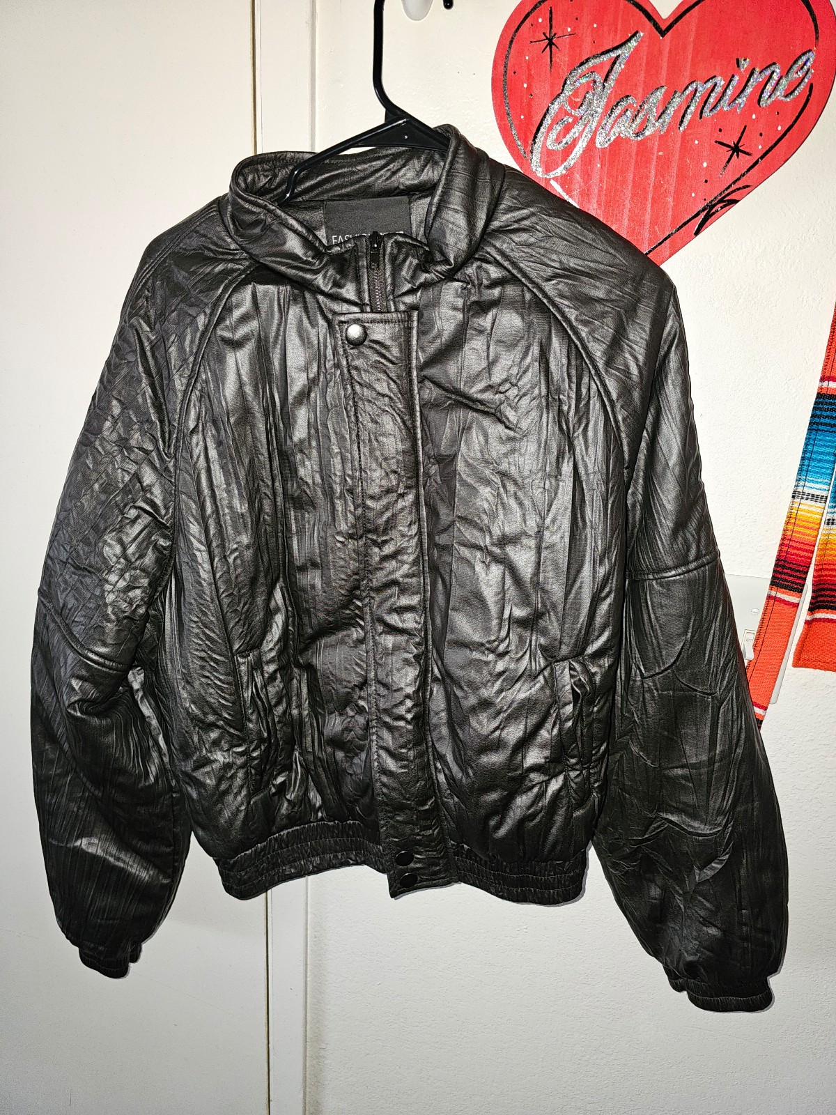 Fashion Nova Crinkled Faux Leather Bomber Jacket - Charcoal