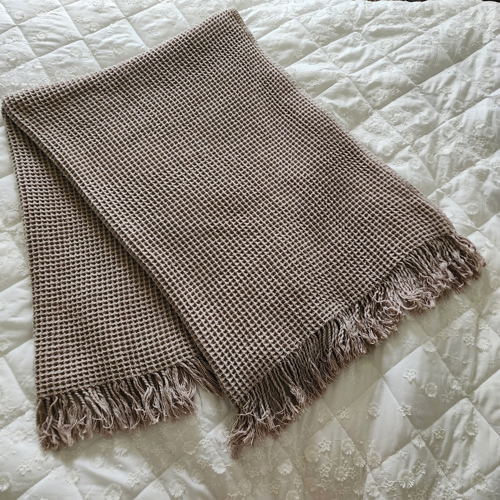 Roca Home Taupe Waffle Knit Textured Throw Blanket Portugal Cotton Blend 50”x67”