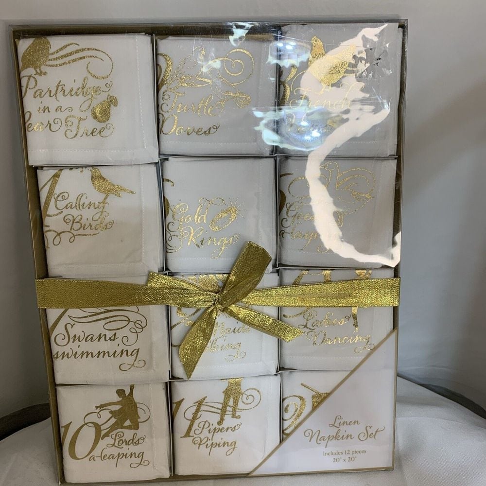 Gift Boxed Set of 12 DAYS OF CHRISTMAS LINEN NAPKINS w/Gold Lettering White NEW