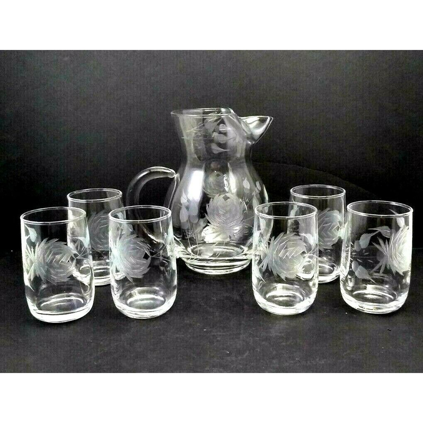 Vtg Etched Rose Pitcher & 6 Glasses Cocktail Set