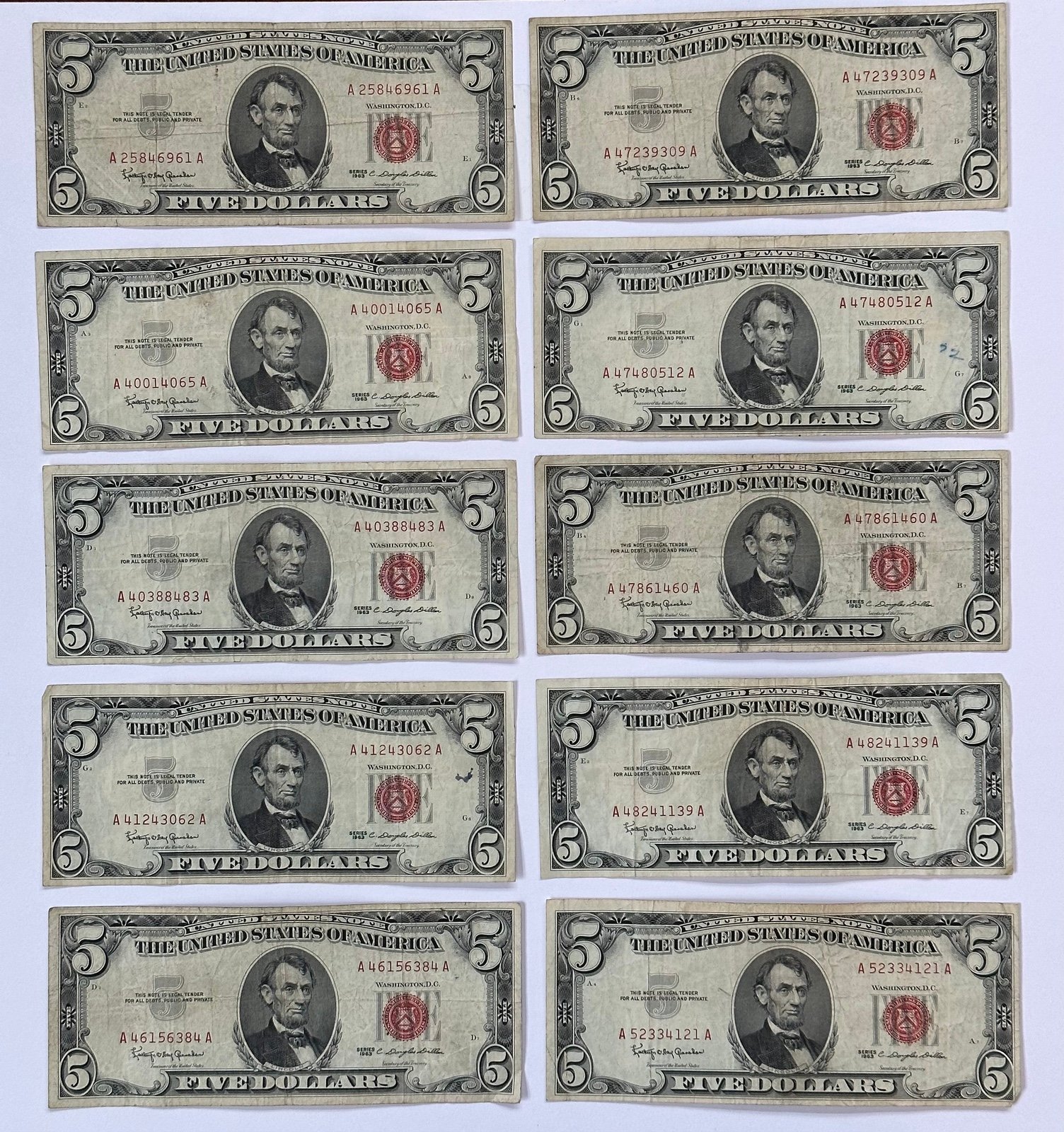 Ten (10) 1963 Red Seal Legal Tender 5 Bills