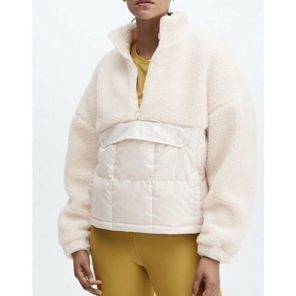 Fabletics Nelly Mixed Media Half Zip Ivory Pocket Pull Over Sherpa Jacket Sz M