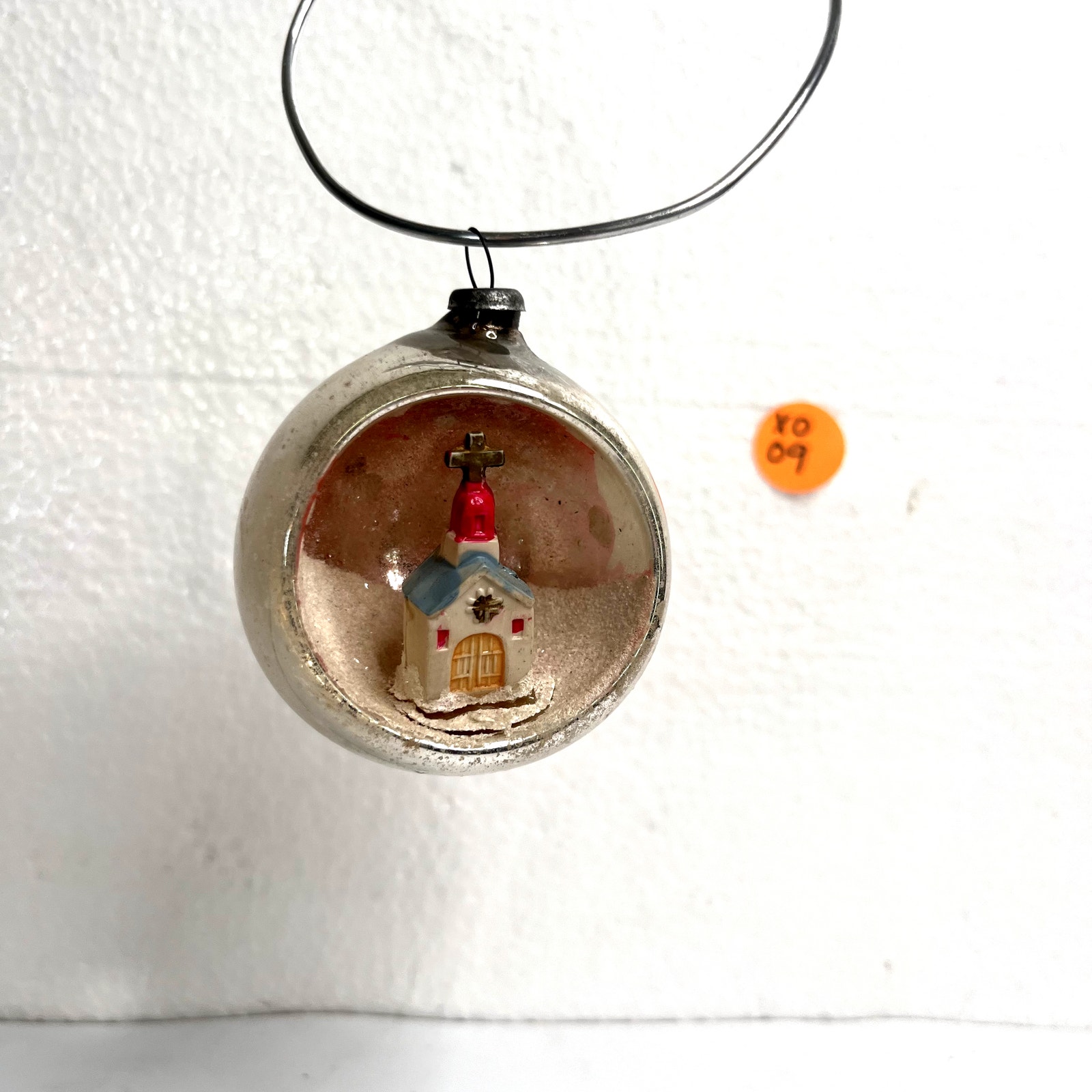 Vintage Mercury Glass Indented Diorama Church Christmas Ornament Japan