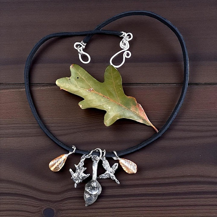 Artisan Woodland Acorn Silver & Gold Leaf Nature Pendant Necklace