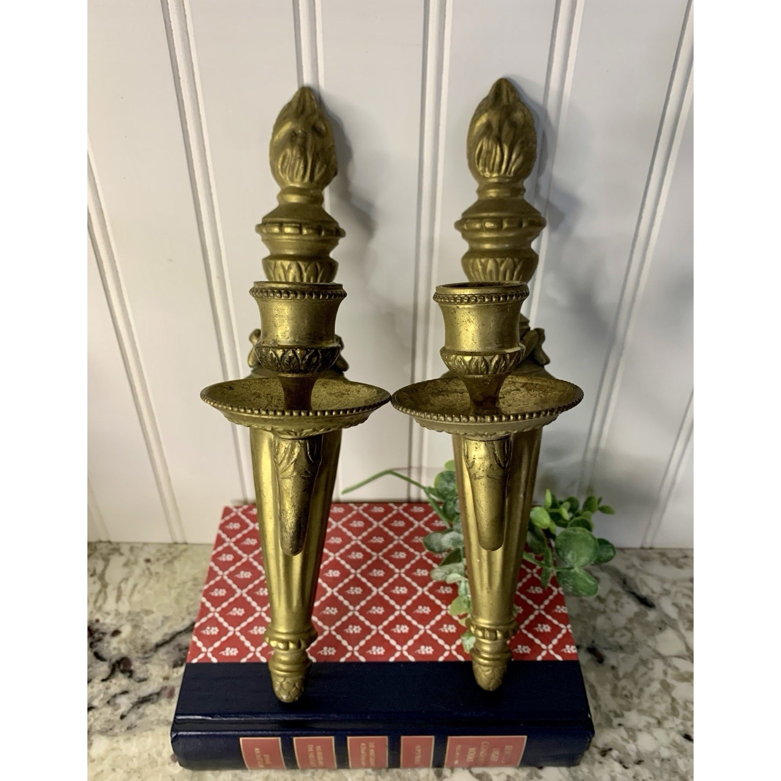 Vintage Pair Of Brass Candle Wall Sconce Taper Candlestick Torch Made in India
