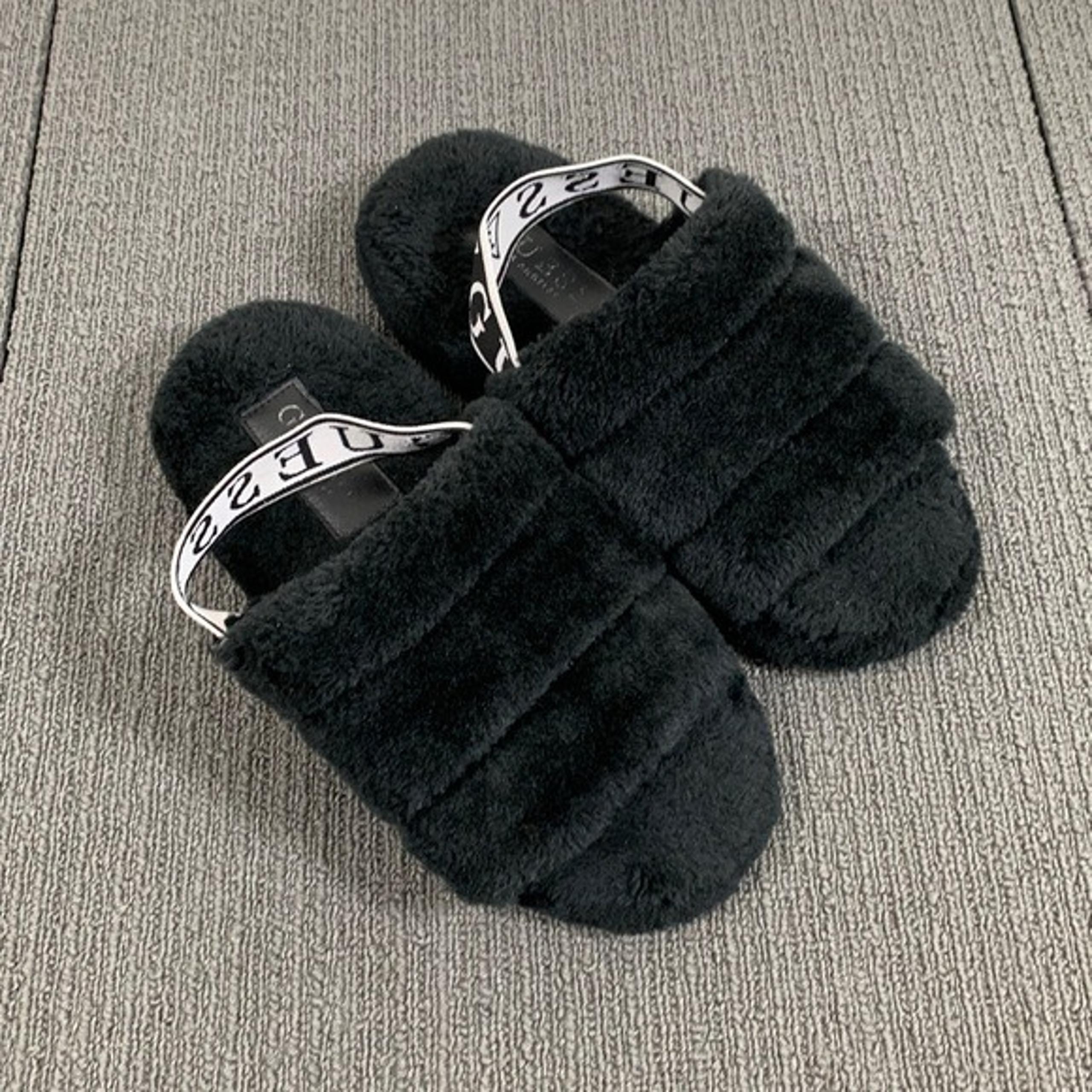 Rozy Slippers Womens Size 6 Black Faux Fur Platform Slides Slingback - GUESS