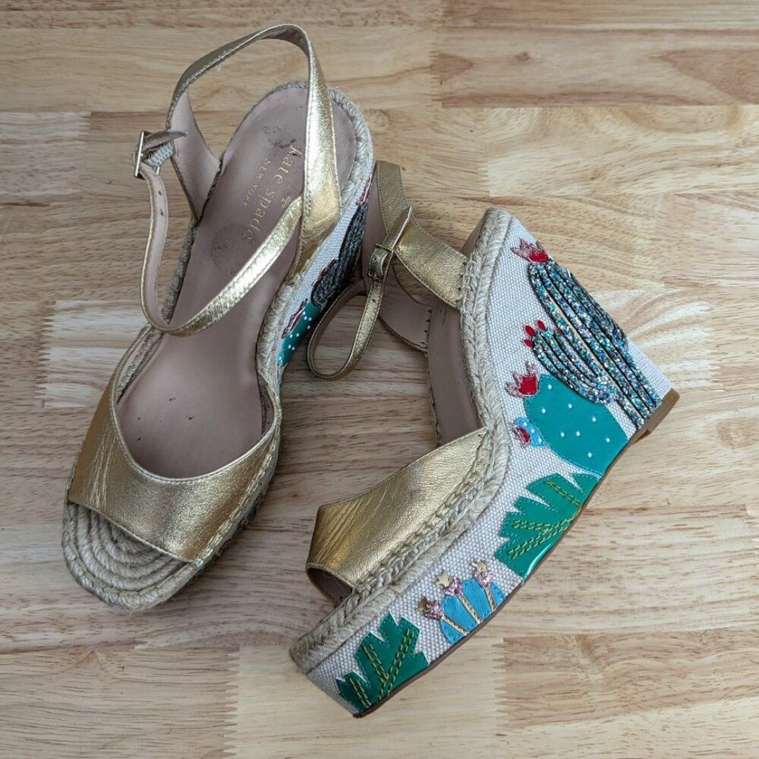 Kate Spade | Gold Cactus Embroidered Espadrille Wedges Size US9.5
