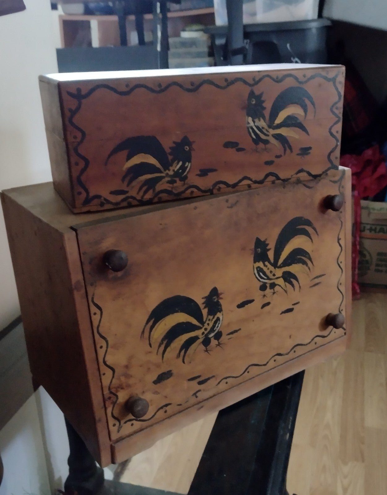 Vintage Woodpecker Woodware Wooden Rooster Bread Box