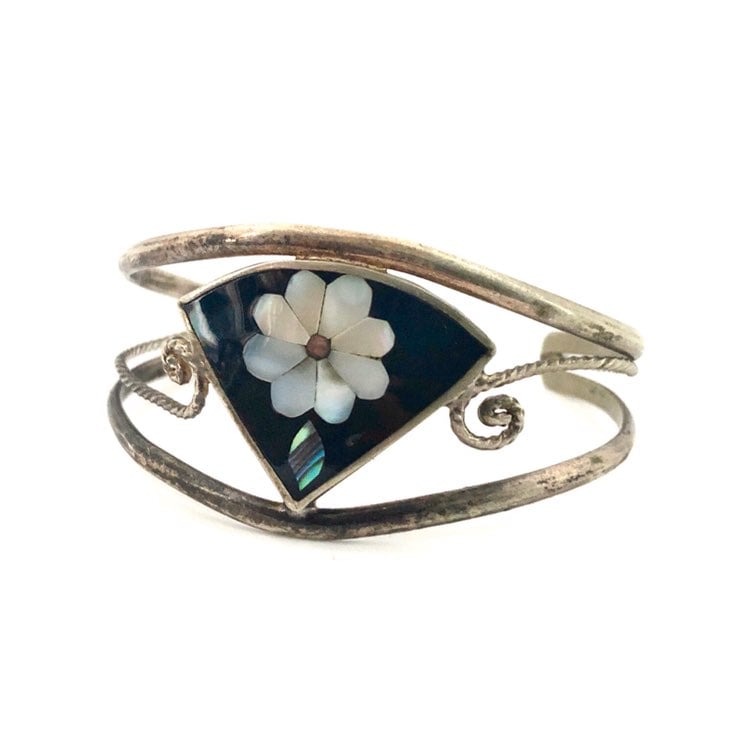 Vtg Flower Inlay Silver Cuff MOP Abalone