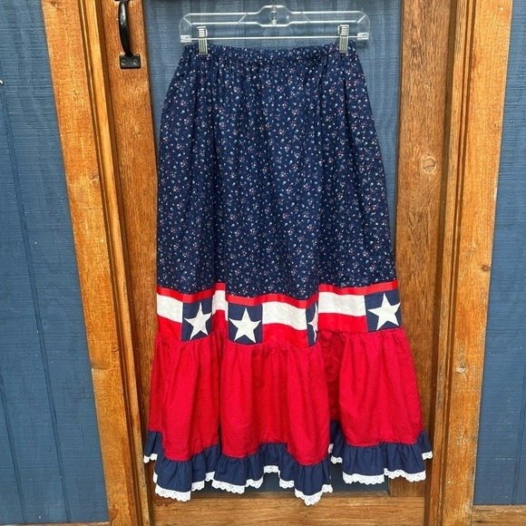 VTG Ruffled Prairie Maxi Skirt Calico Floral Texas Star Line Dancing Rodeo Med