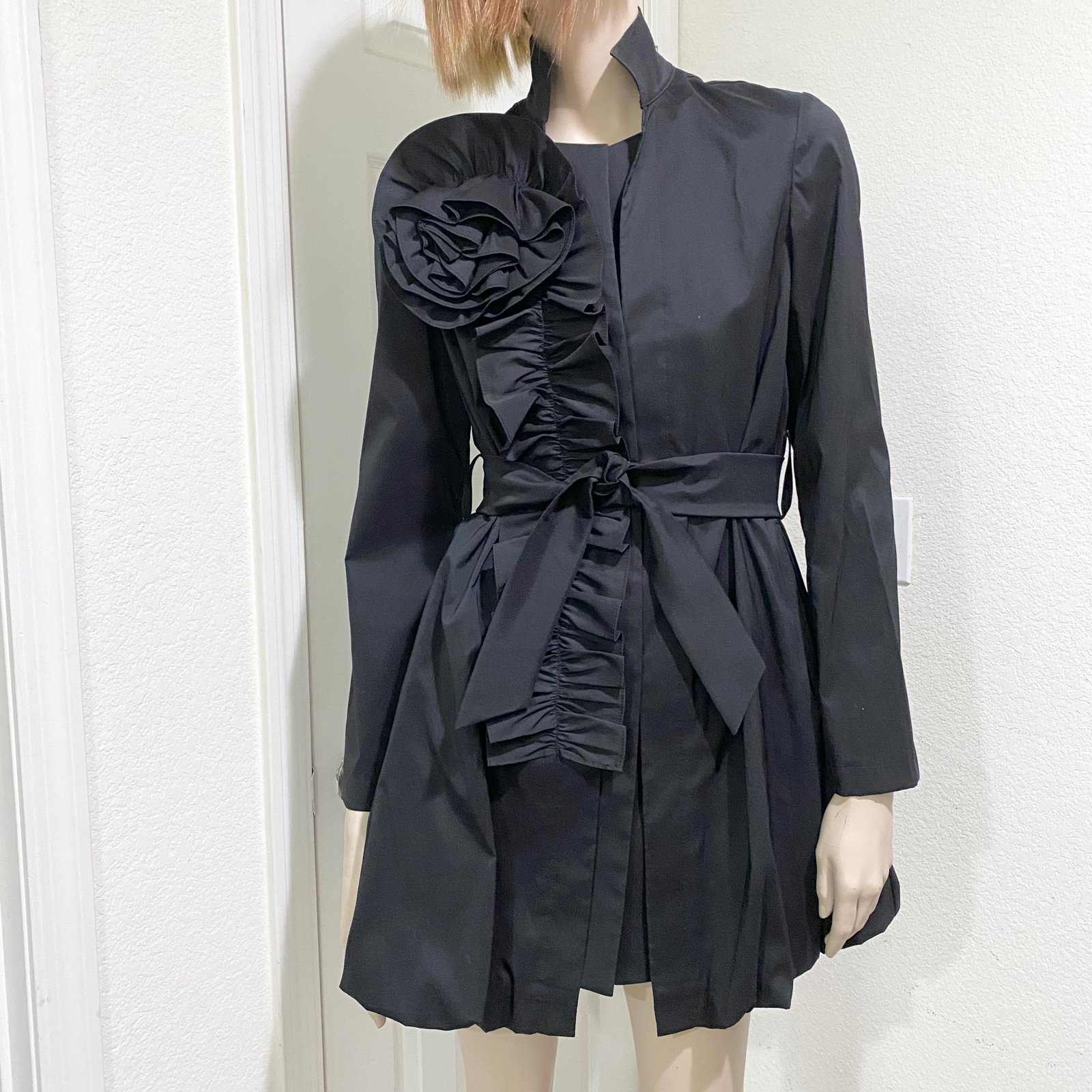 JOSEPH RIBKOFF Style 12714 Black Belted Dress Coat with Big Flower Accent Size 2