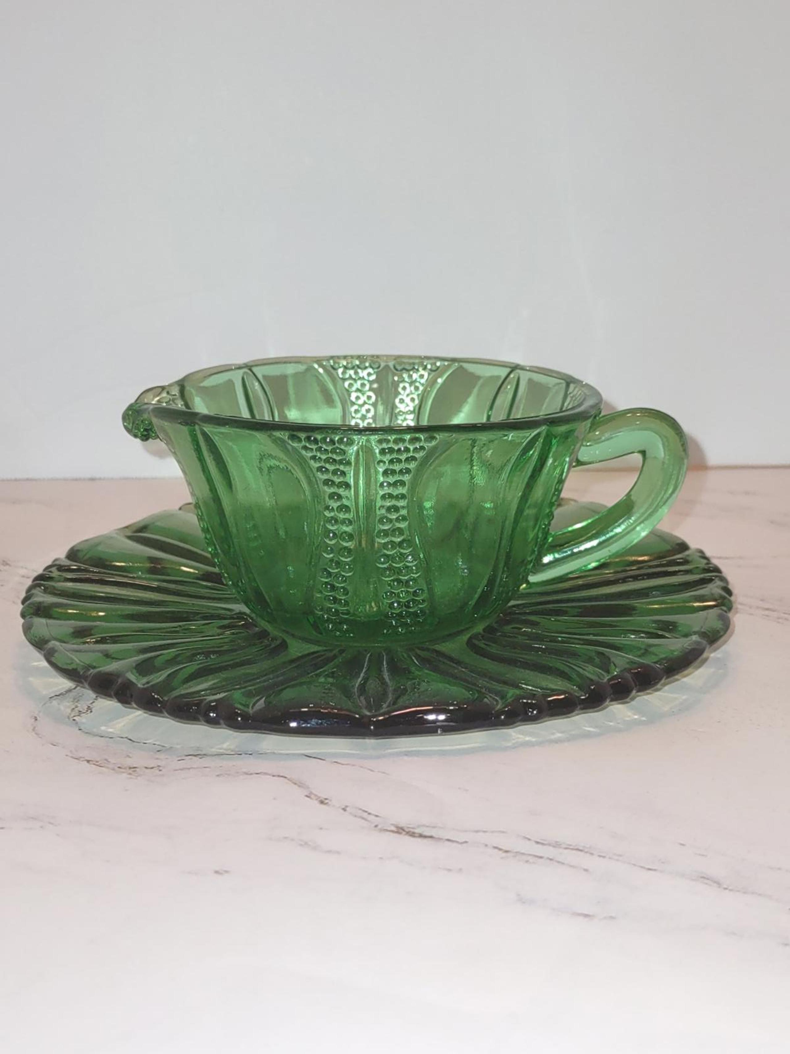Dell Emerald Green Depression Glass Tulip Creamer and Saucer 1930's