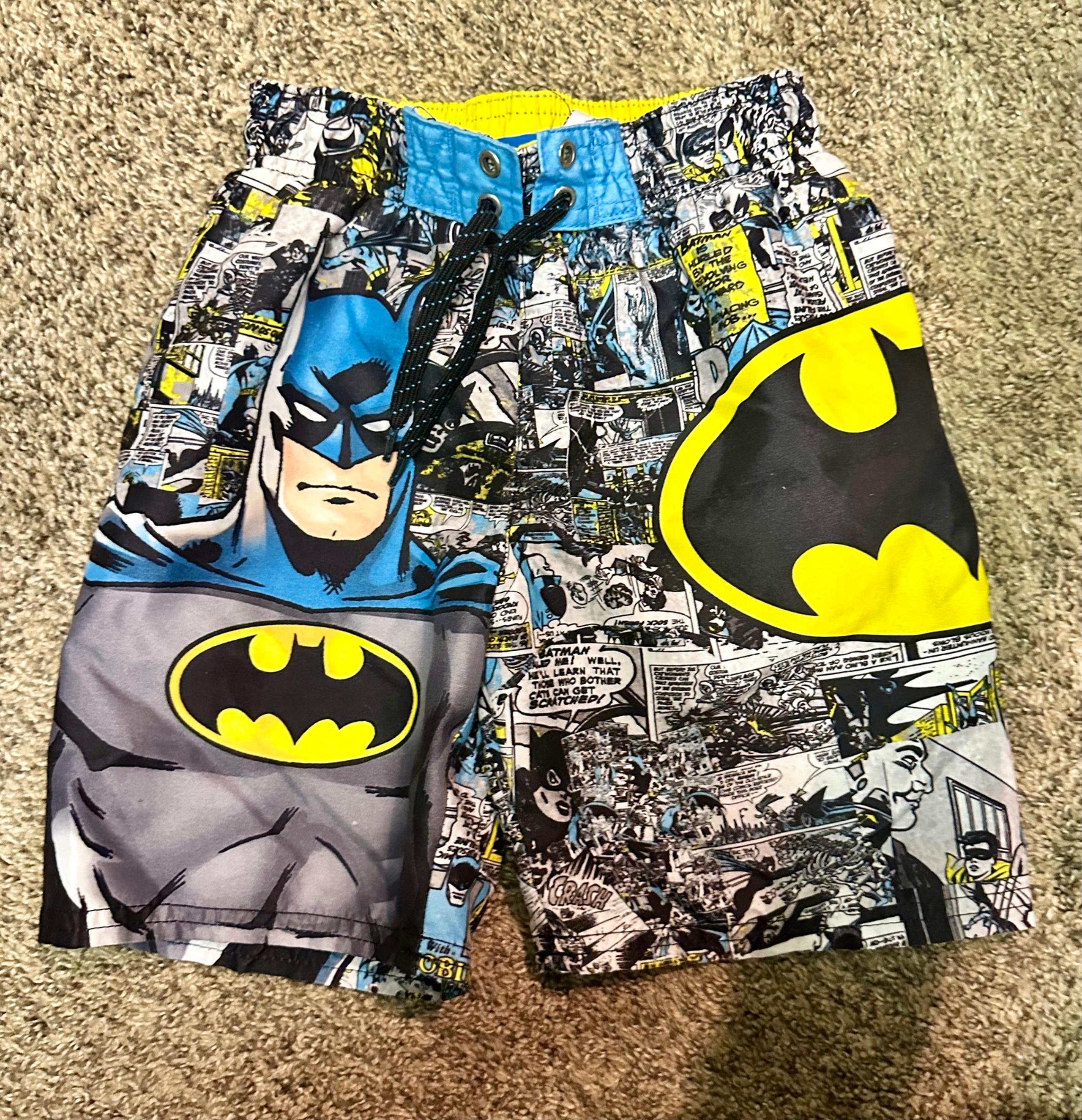 Batman swimsuit shorts swim trunks black white yellow blue boys DC superhero S