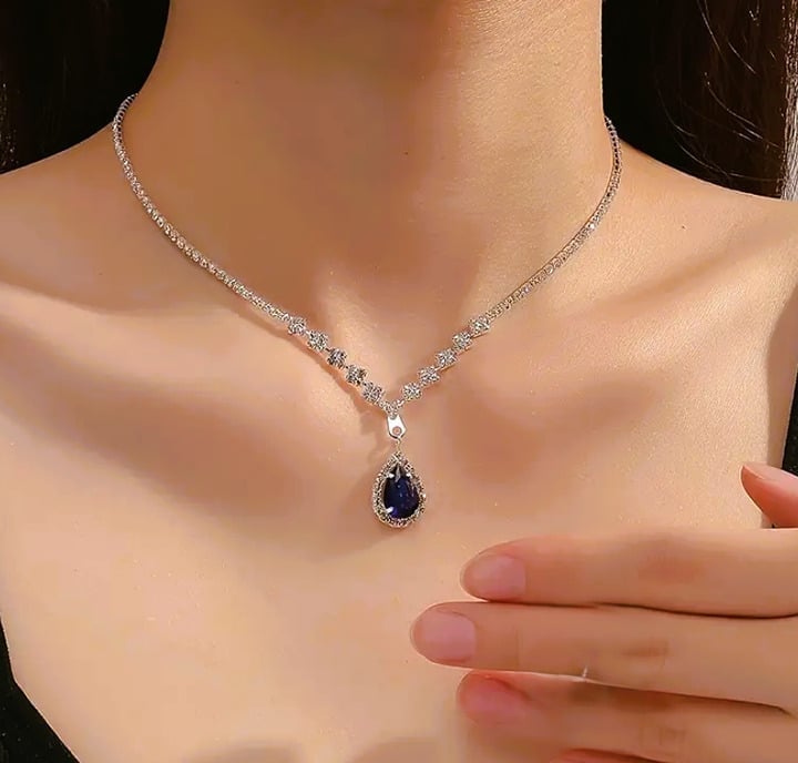 18K White Gold Womens 1ct Diamond Blue Sapphire Gemstone Choker Necklace 2ct
