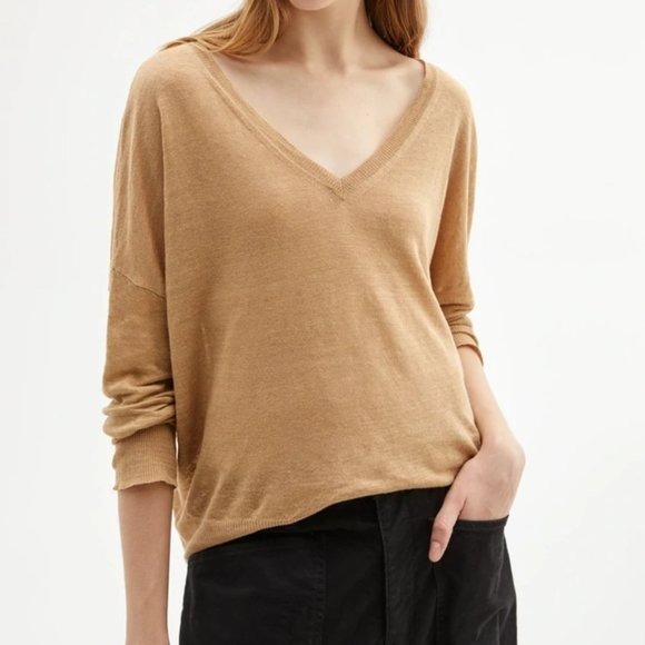 Nili Lotan Ginny 100% Linen Fine Gauge Sweater in Jute SM