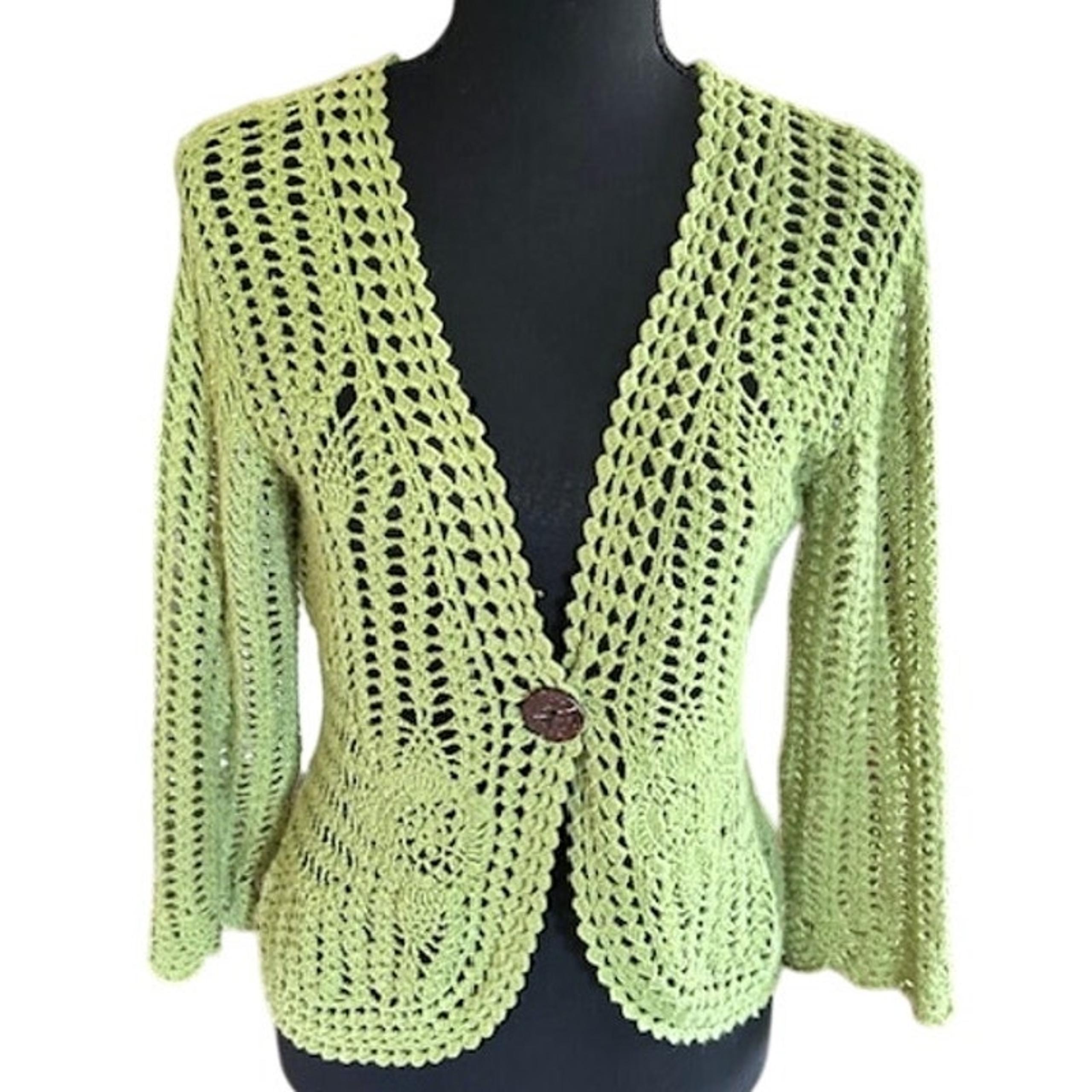 Isabella Rodriguez Lime Green Crochet Knit Cardigan Sweater - Size Medium