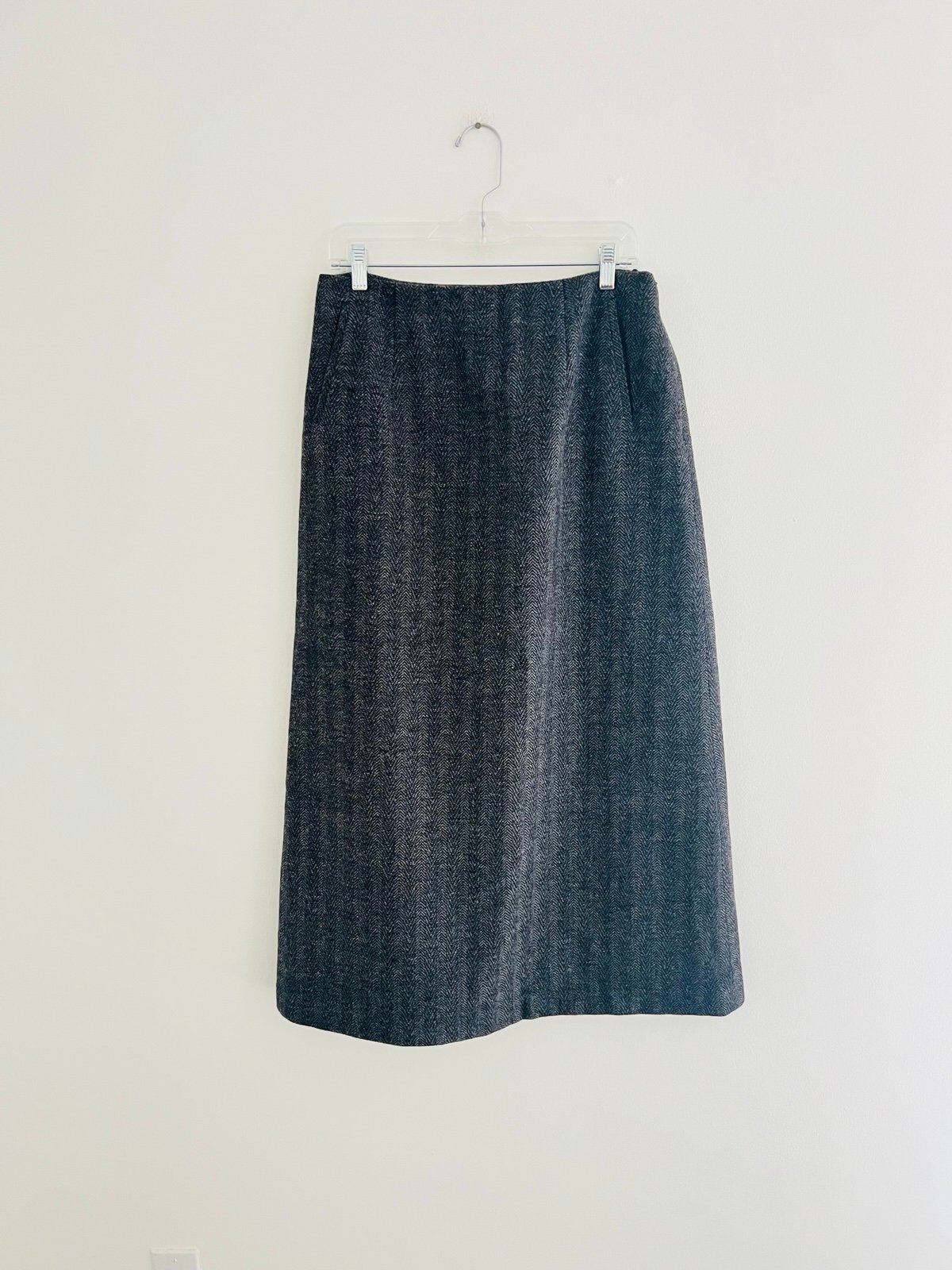 Vintage 80s Harve Benard 100% Wool Gray Herringbone Midi Skirt 12