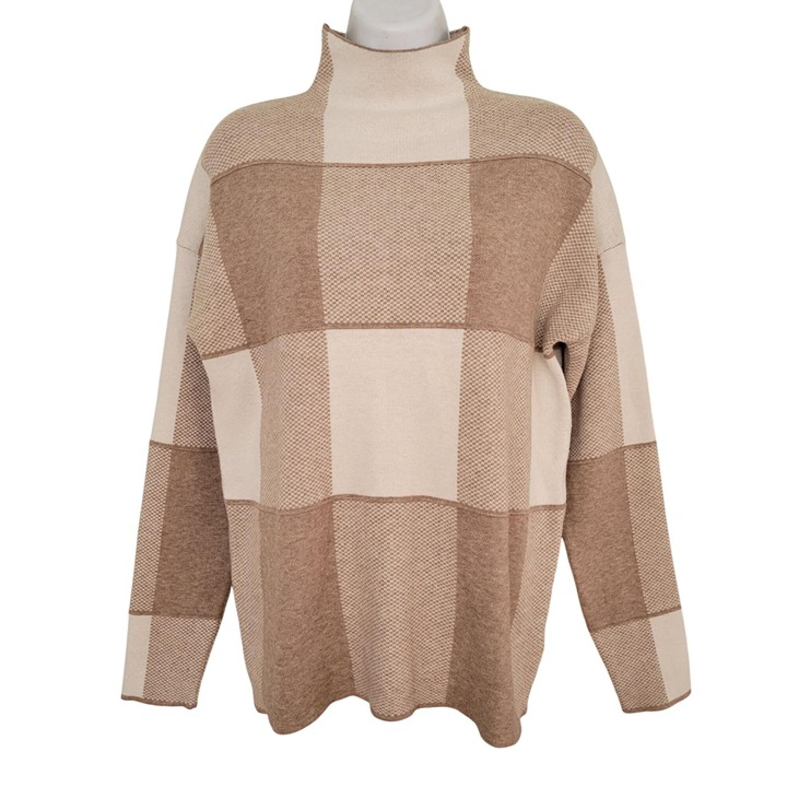 Tahari M Windowpane Plaid High Mock Neck Sweater Beige Cream