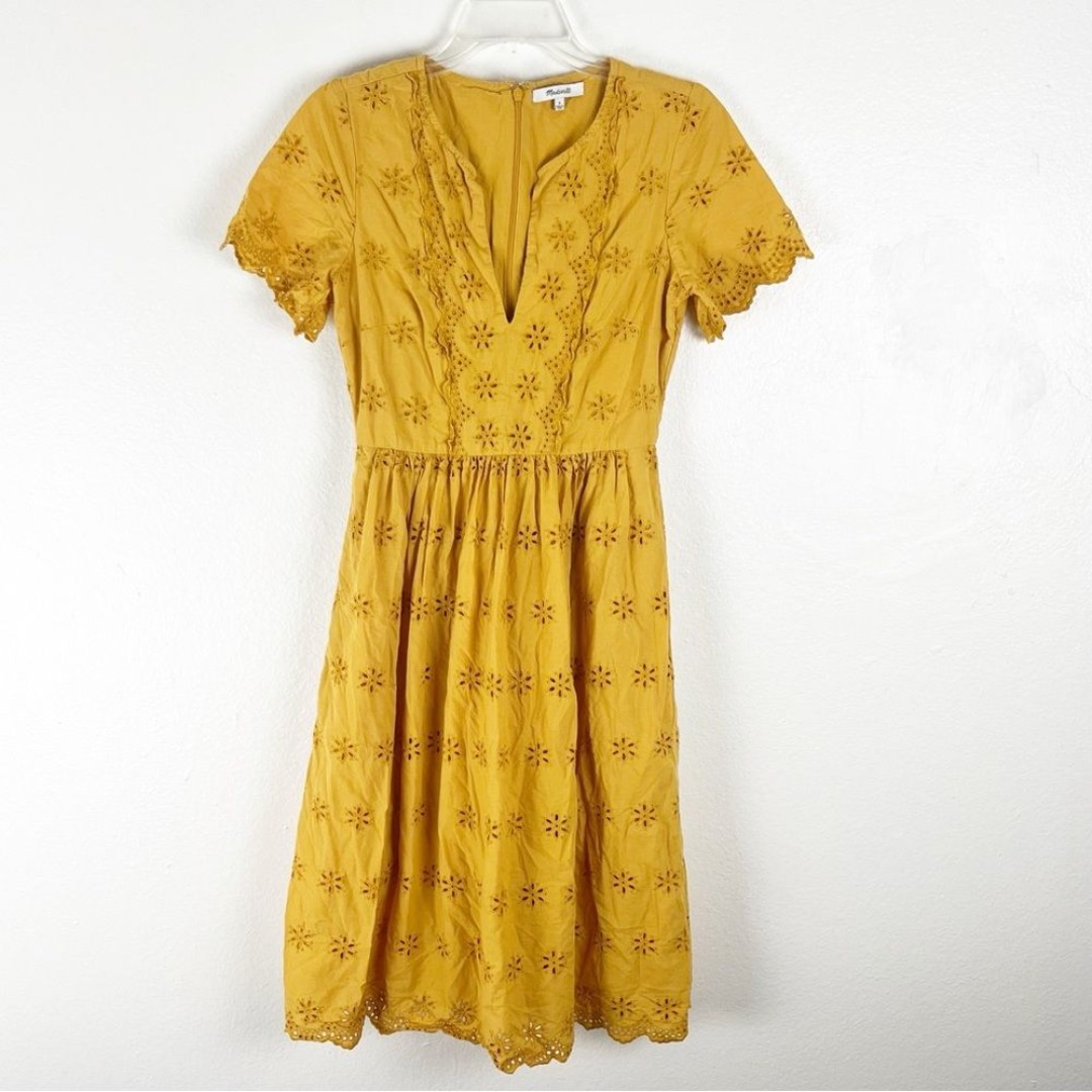MADEWELL Gold Scalloped Short Sleeves V-Neck Eyelet Lined Midi Dress, Size 0