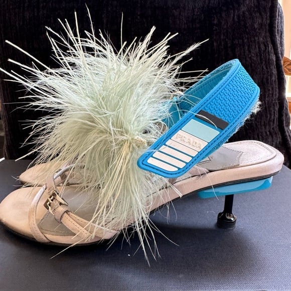 LUXURY PRADA SANDALS SHOES 1X609H SATIN W FEATHER