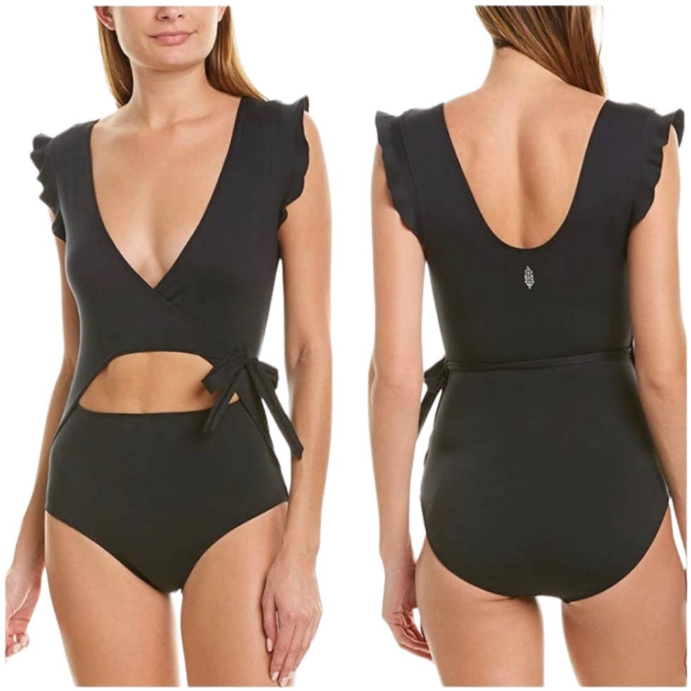 Free People Black Streamline Wrap Cutout Bodysuit S NEW Ruffled Flutter Sleeves