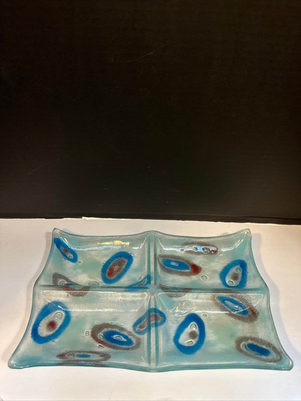 Vintage Fused Art Glass Divided Trinket Dish Tray Signed Sherry Schuster 1979