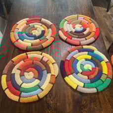 Retro Set of 6 Vintage Handmade Knitted Round Seat Cushions Multicolor Kitsch