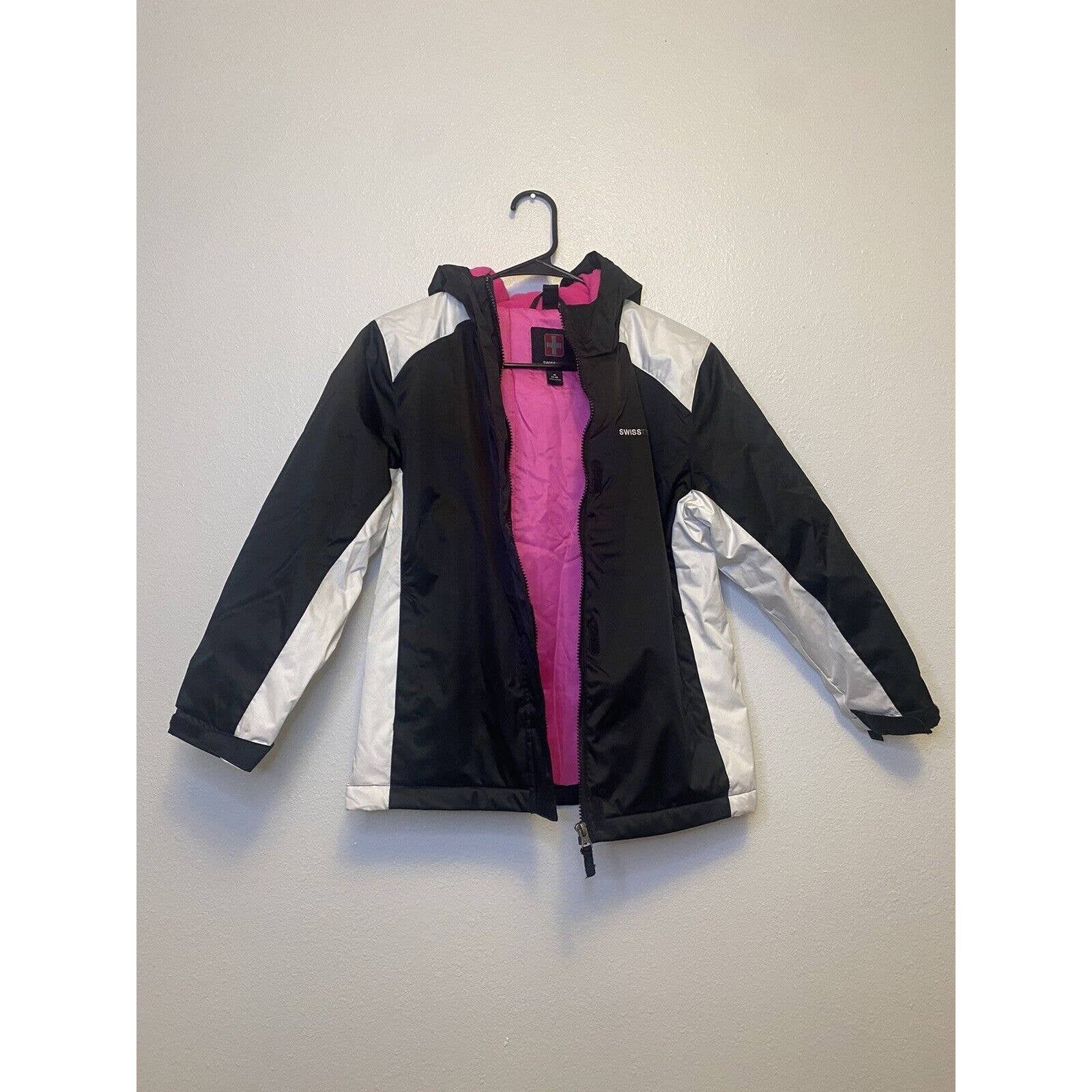 Swiss Tech Ski Coat Parka Girl's M (7-8) Black and White w Hot Pink Interior