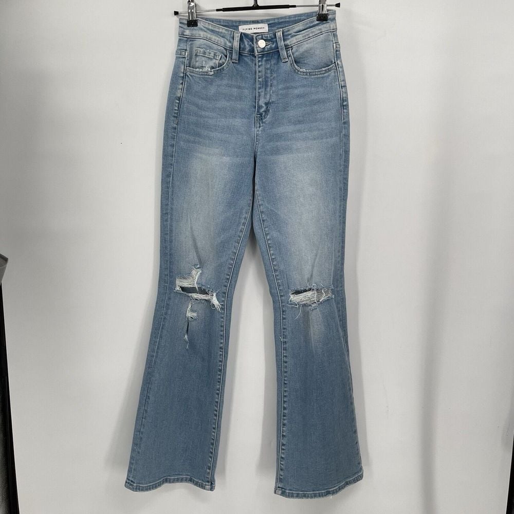 Flying Monkey Jeans Womens High Rise Vintage Flare 24 Light Wash Distressed Mom