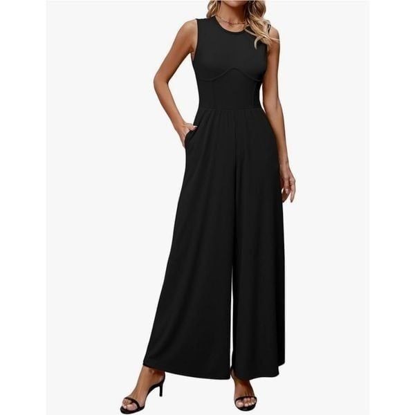 NEW Sleeveless Dressy Casual 1 Pc Wide Leg Pants Jumpsuit Pockets XL