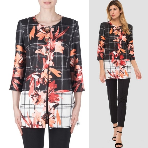 Joseph Ribkoff 302 Jacket Colorblock Floral Print 10 Windowpane Blazer 183765