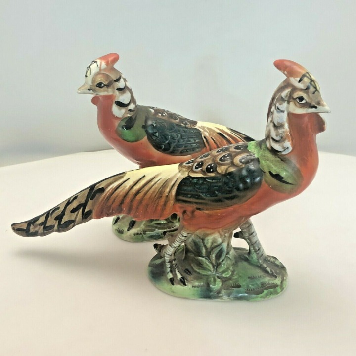 Mid Century Pheasant Bird Figurine Statue Set Wales Ceramic Orange Green Gold