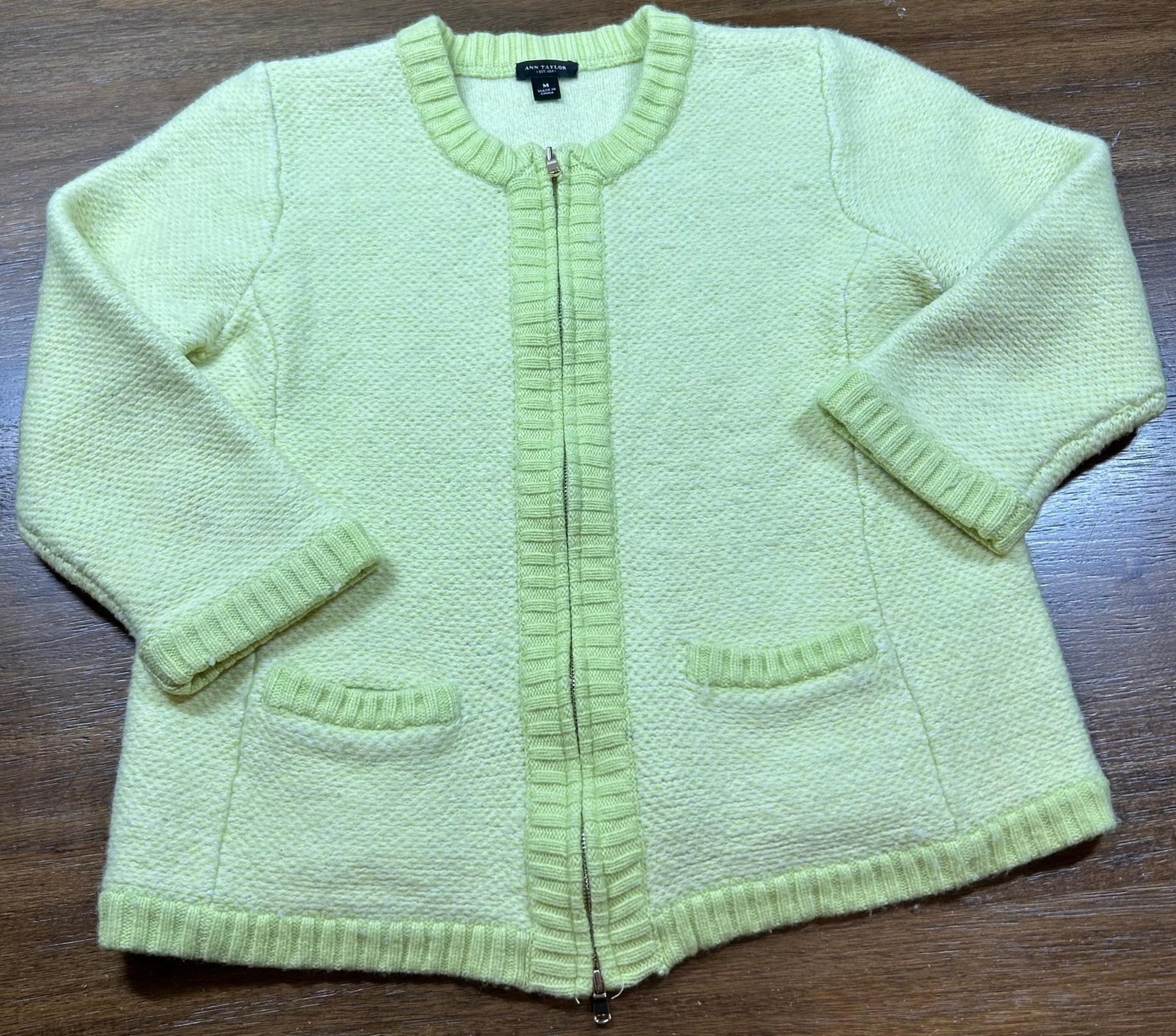 Ann Taylor Size M Light Lime Green Full Zip Wool Blend Sweater