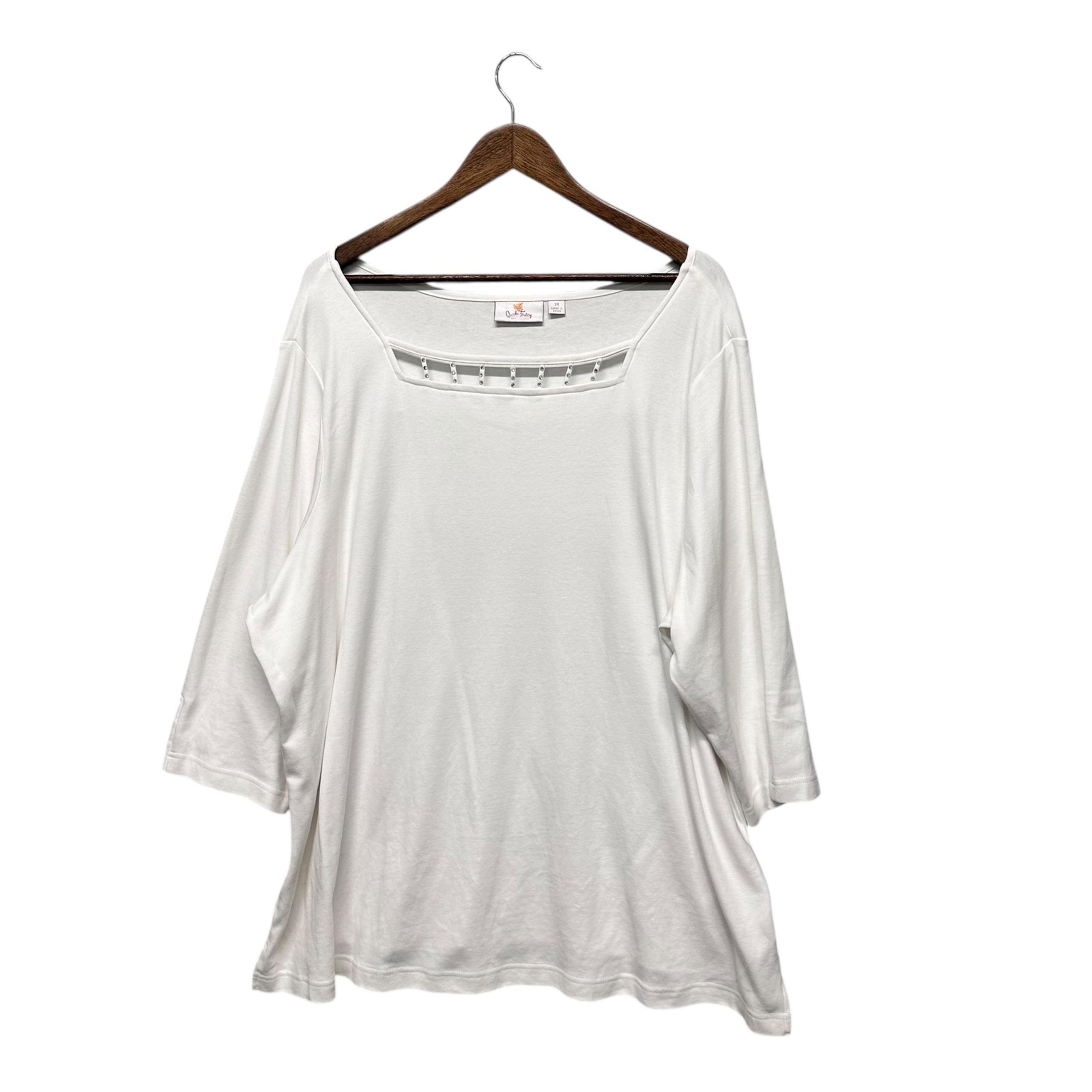 Quacker Factory Women Top Plus Size 3X 3/4 Sleeve  Rhinestone Square Neck White