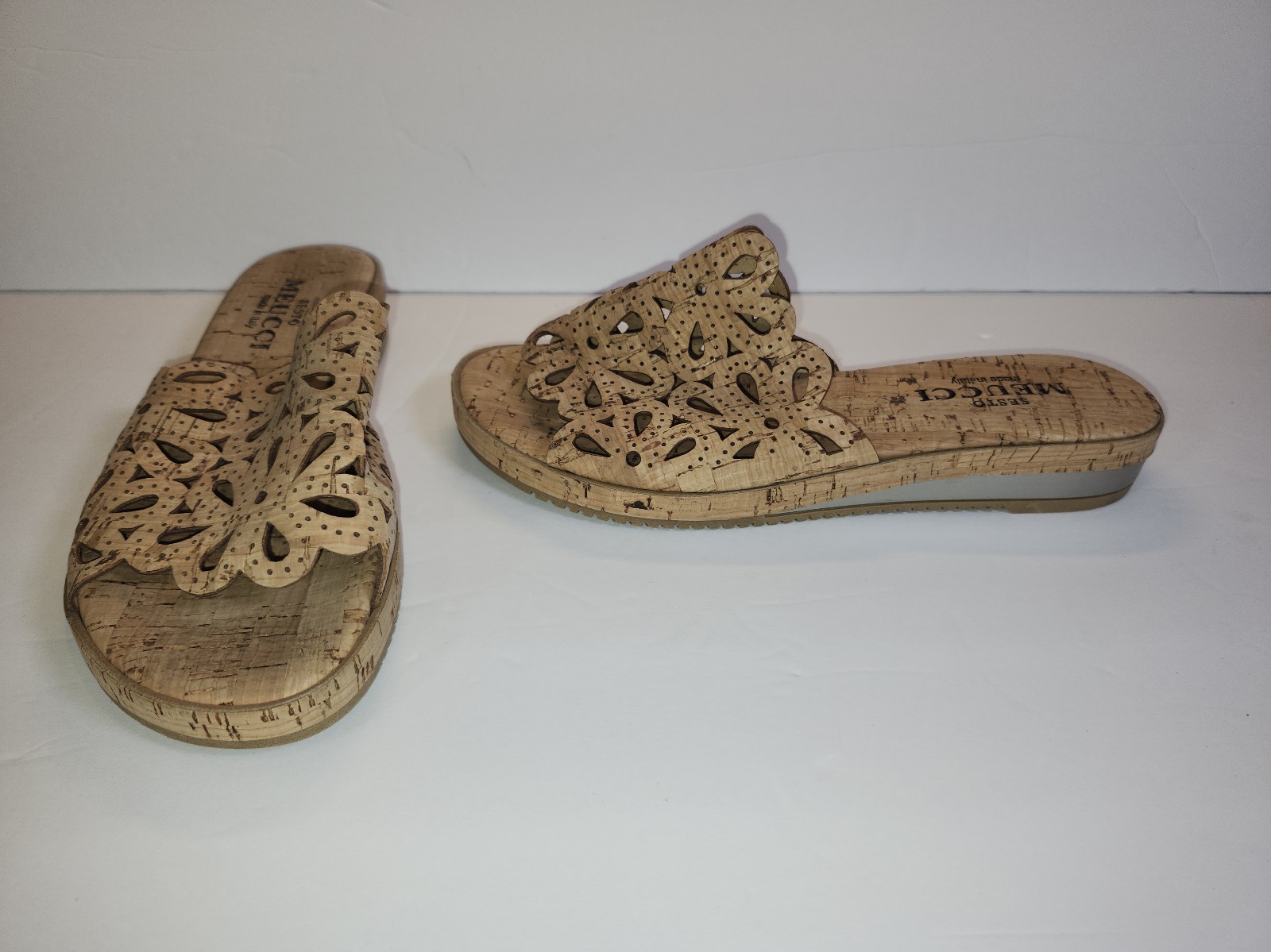 Sesto Meucci Italian Tan Perforated Nuback Natural Cork Slides Sandals S 7M NEW