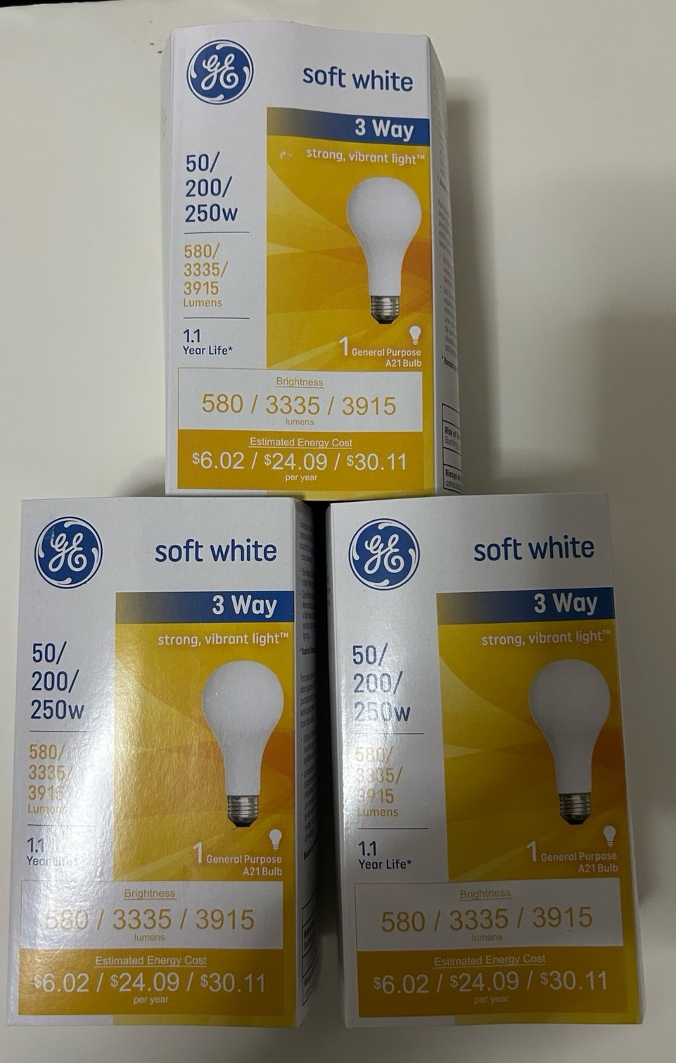 GE 3 way soft white 3 Pack light bulb 50/200/250w A21 general purpose use