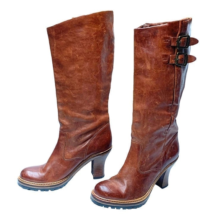 FRYE Mildred Cognac Leather Engineer Pull On Heeled Boot