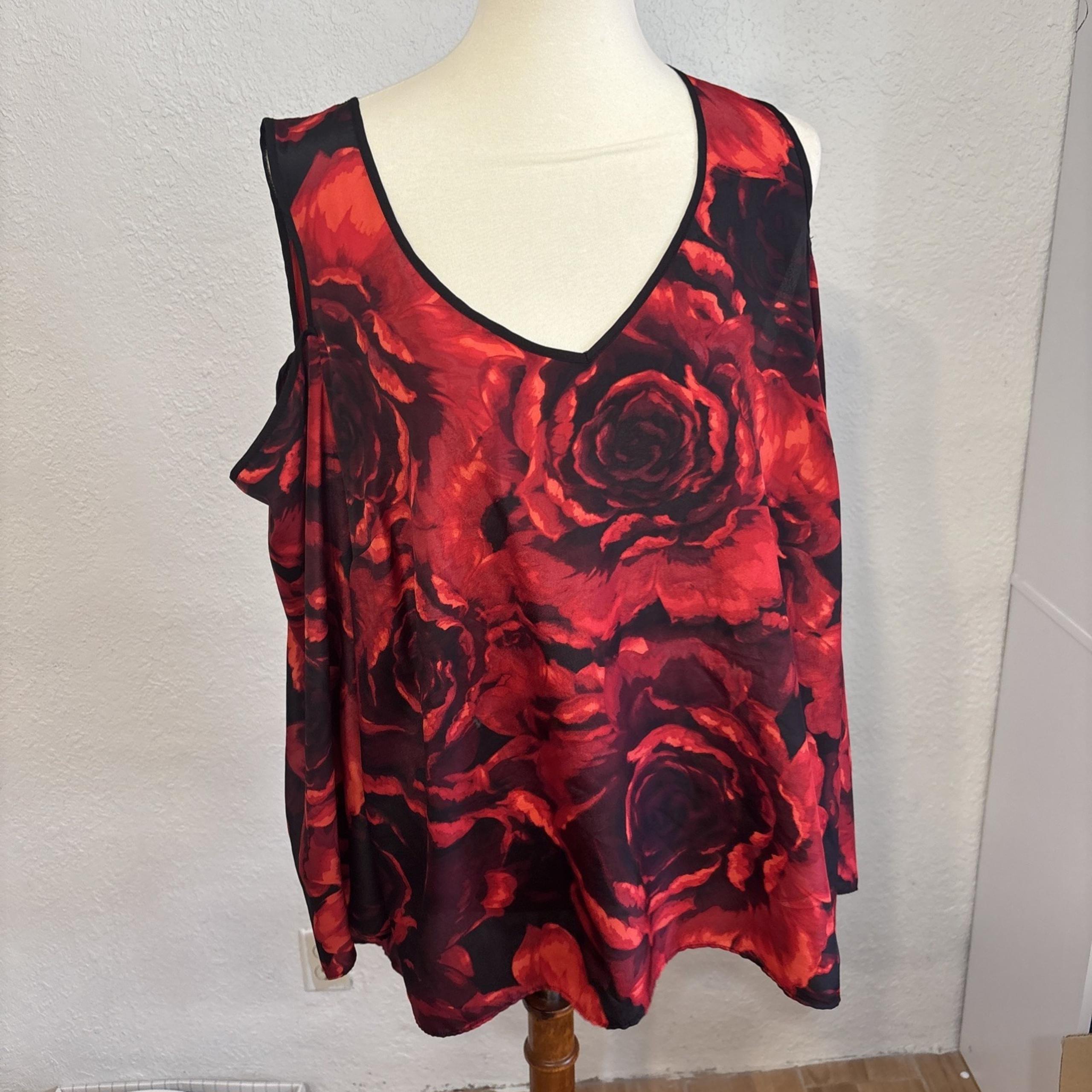 Bisou Bisou Women's Black Rose Cold Shoulder Long Sleeve Shirt Top SZ 0X