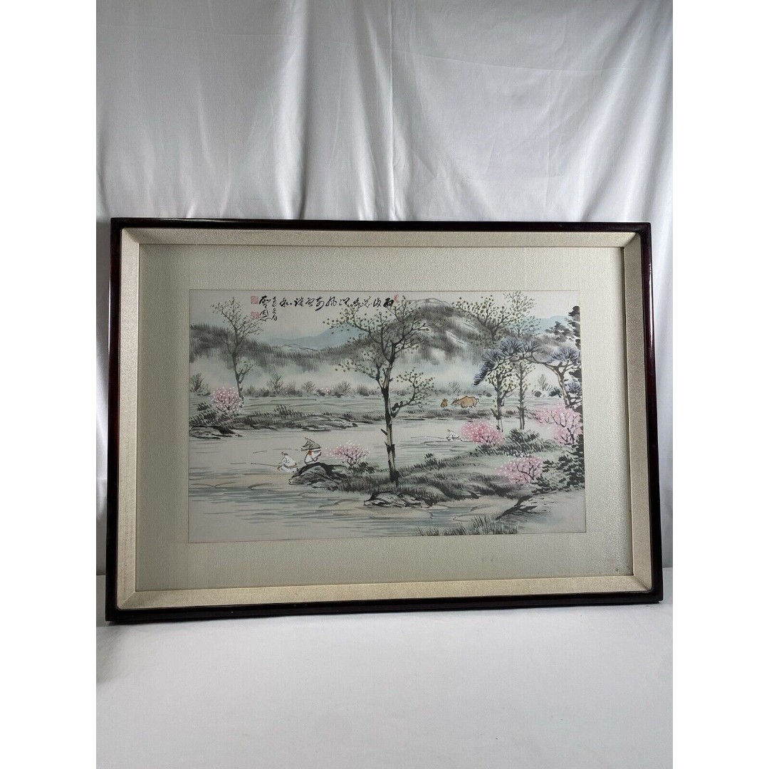 VTG Large Japan Water Color Art Painting Stamped By the Artist Silk Background