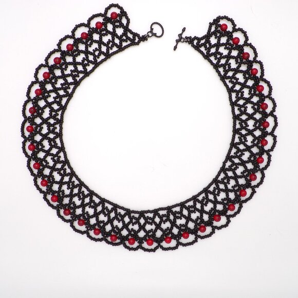 Handmade Matte black and red beaded lace collar