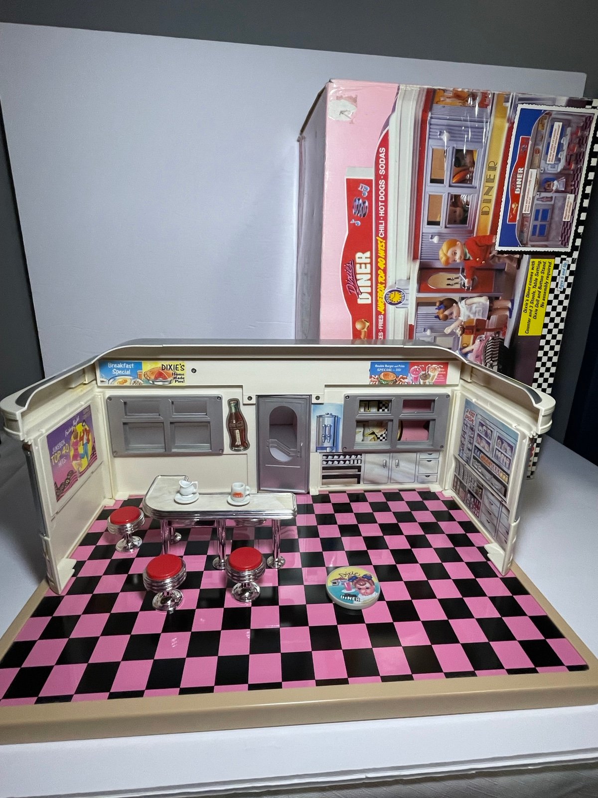 1988 Dixie’s Diner Original Play Set with Counter, 3 Stools, Table Setting Tyco